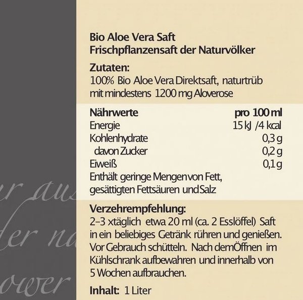 Bio Aloe Vera Saft Premium mit 1200 mg Aloverose